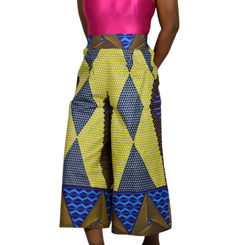 Grass Fields Ankara Wide Leg Crop Pants Yellow Gaucho African Print Small Medium - Picture 14 of 15